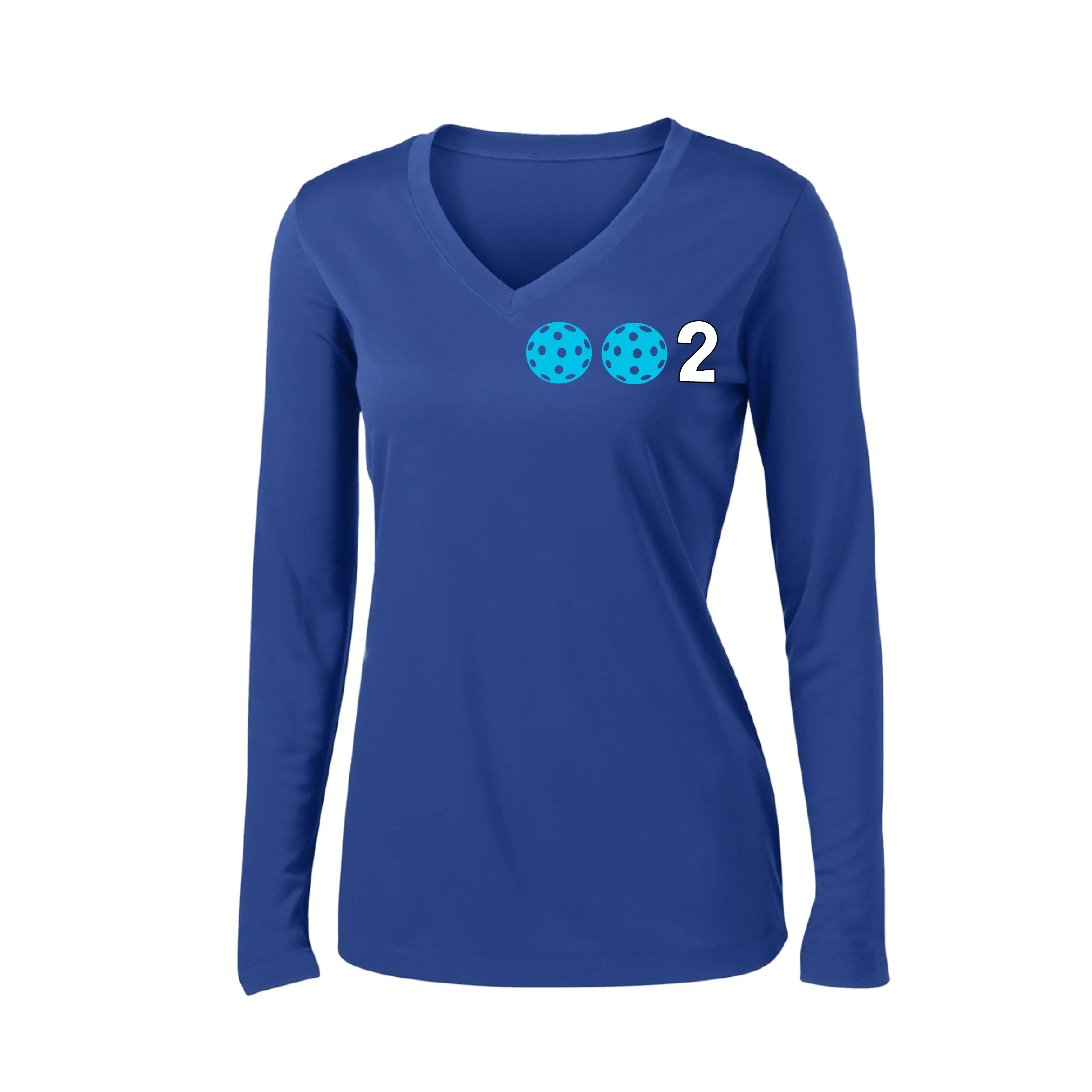 002 With Pickleballs (Colors Cyan Purple Rainbow) Customizable | Women's Long Sleeve V-Neck Pickleball Shirts | 100% Polyester