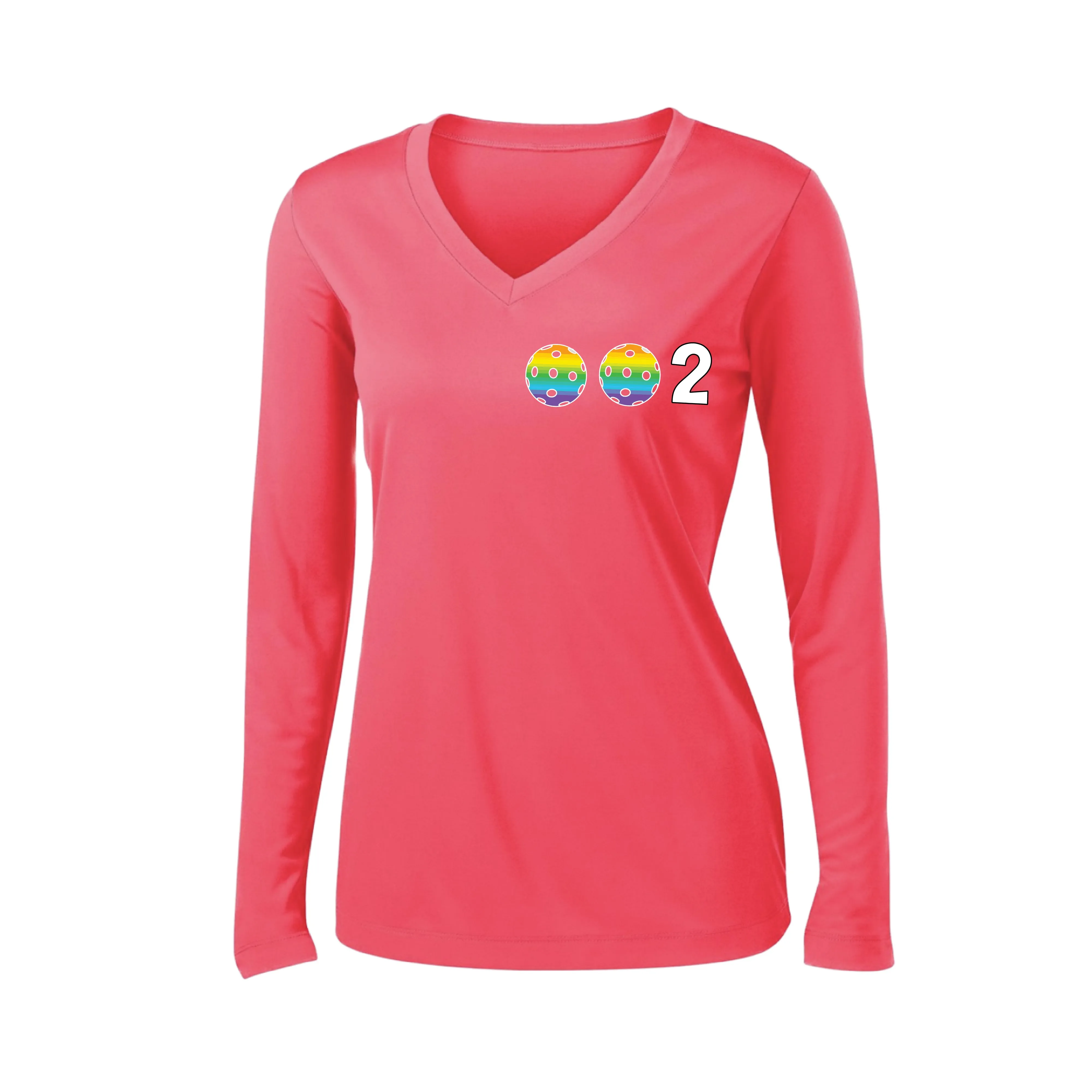 002 With Pickleballs (Colors Cyan Purple Rainbow) Customizable | Women's Long Sleeve V-Neck Pickleball Shirts | 100% Polyester