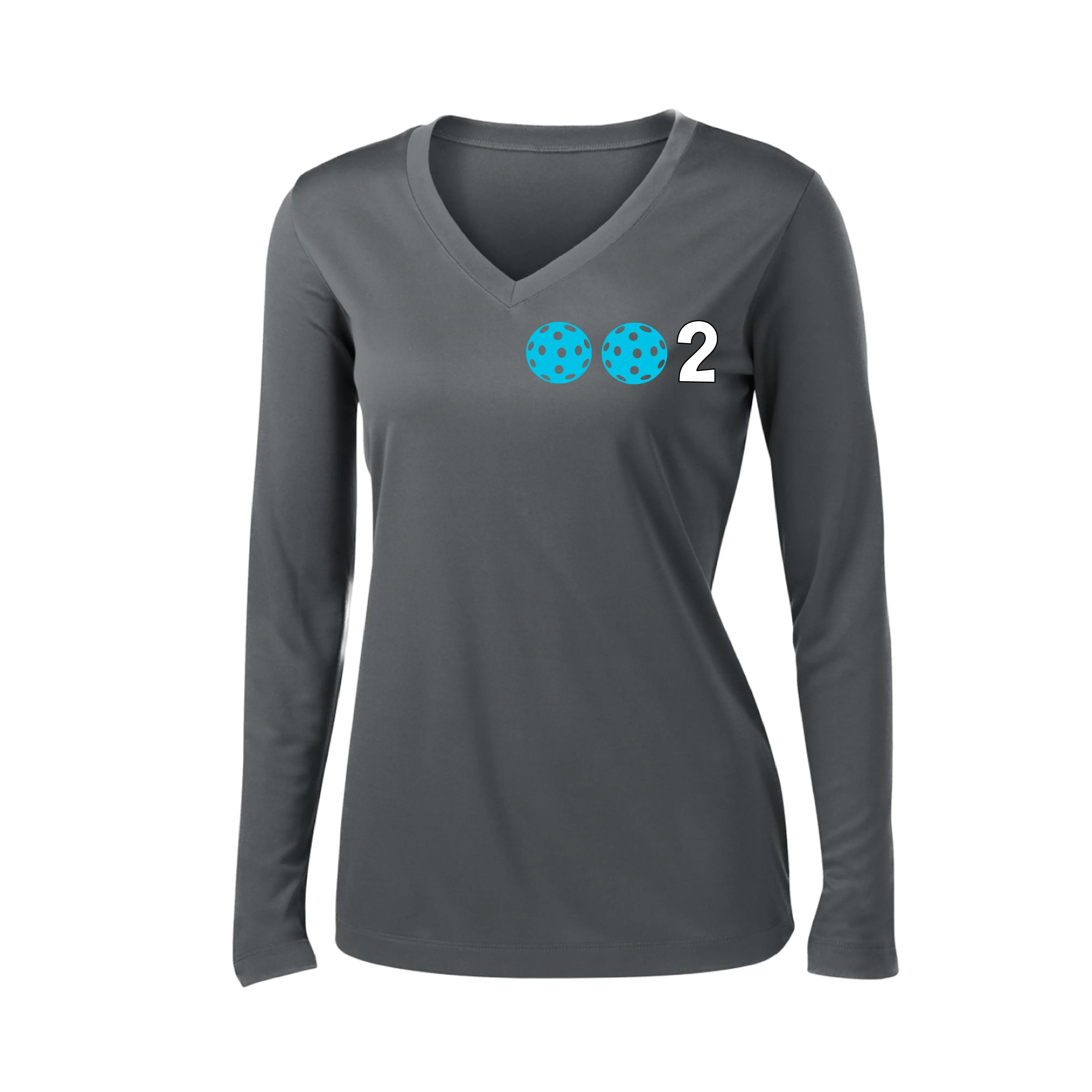 002 With Pickleballs (Colors Cyan Purple Rainbow) Customizable | Women's Long Sleeve V-Neck Pickleball Shirts | 100% Polyester