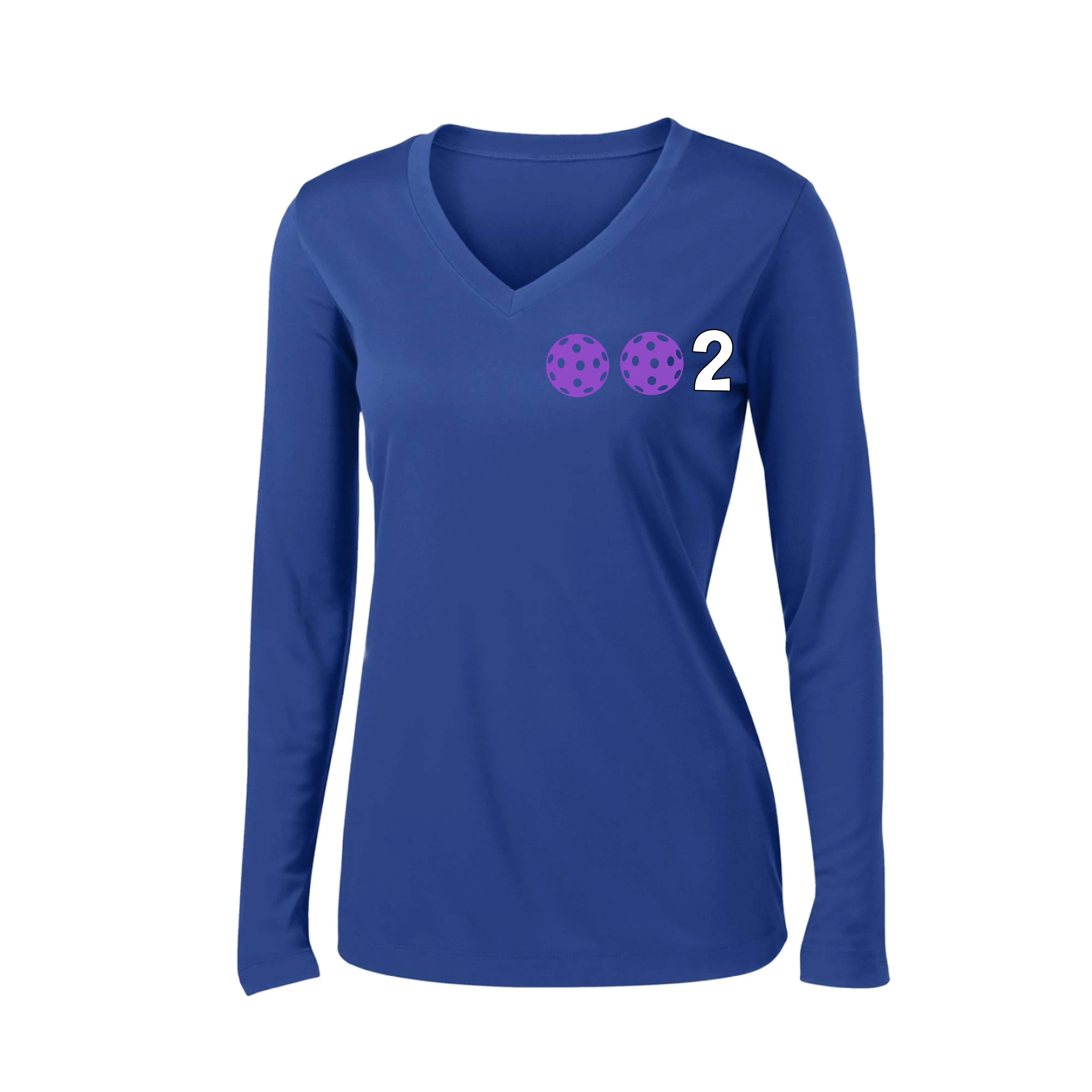 002 With Pickleballs (Colors Cyan Purple Rainbow) Customizable | Women's Long Sleeve V-Neck Pickleball Shirts | 100% Polyester