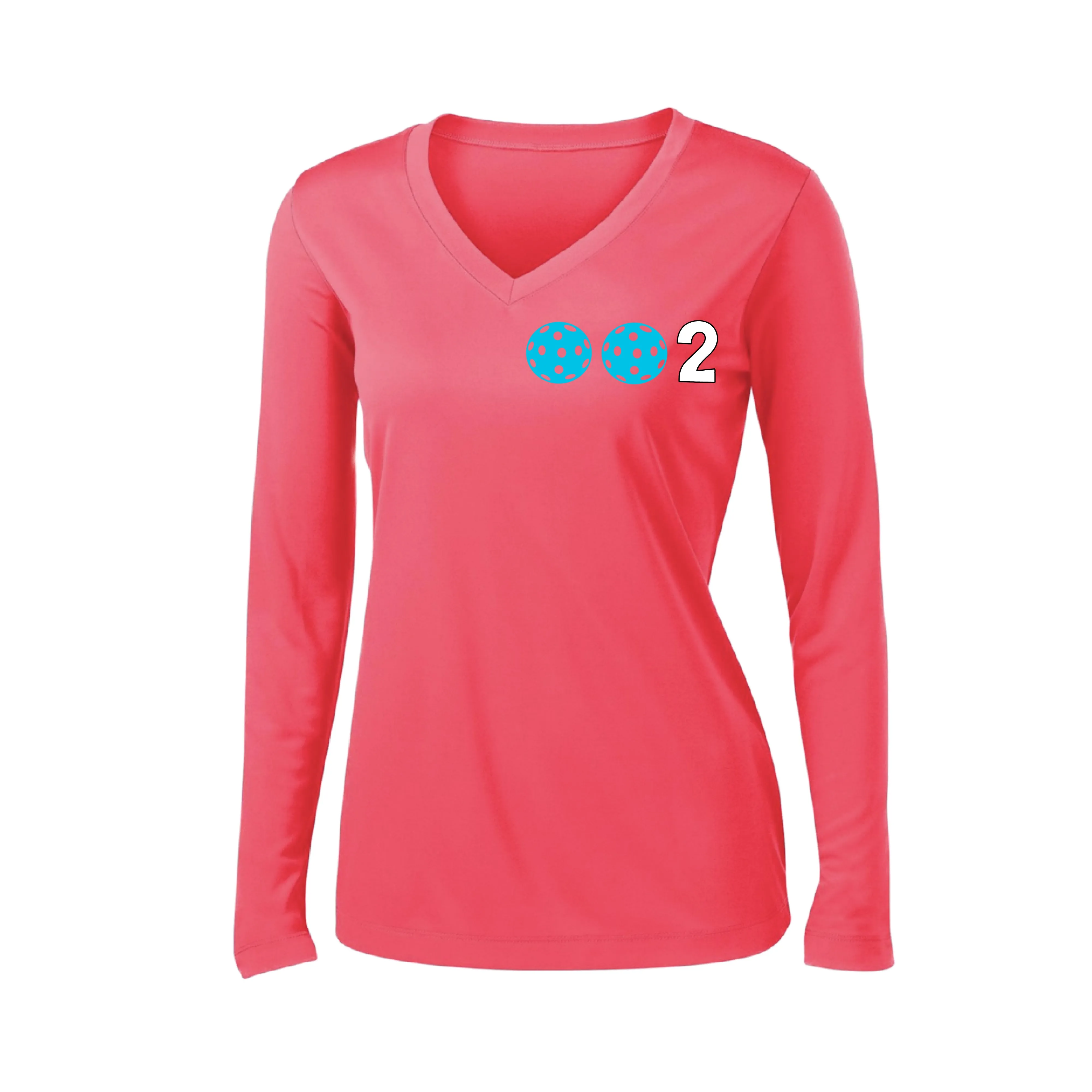 002 With Pickleballs (Colors Cyan Purple Rainbow) Customizable | Women's Long Sleeve V-Neck Pickleball Shirts | 100% Polyester