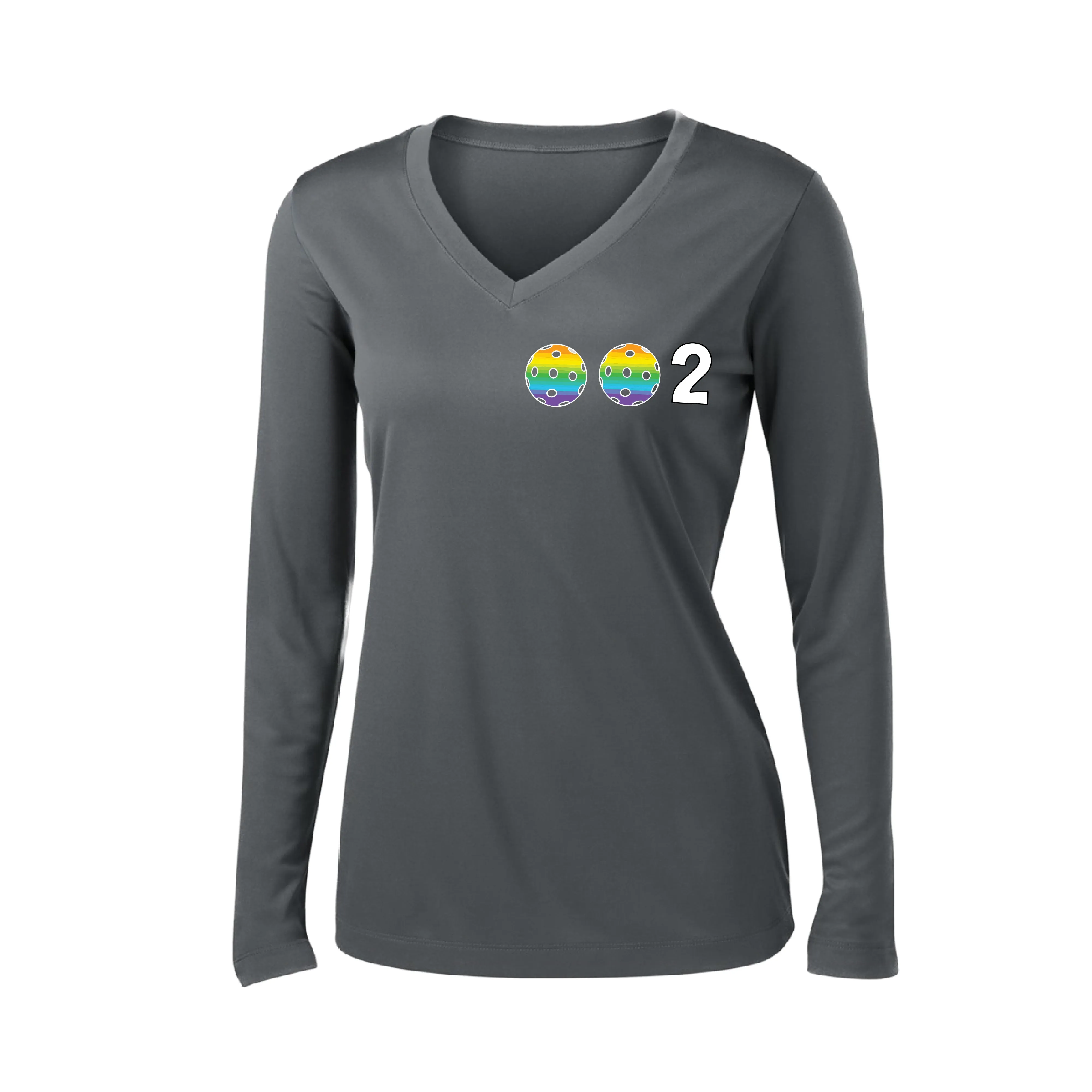 002 With Pickleballs (Colors Cyan Purple Rainbow) Customizable | Women's Long Sleeve V-Neck Pickleball Shirts | 100% Polyester