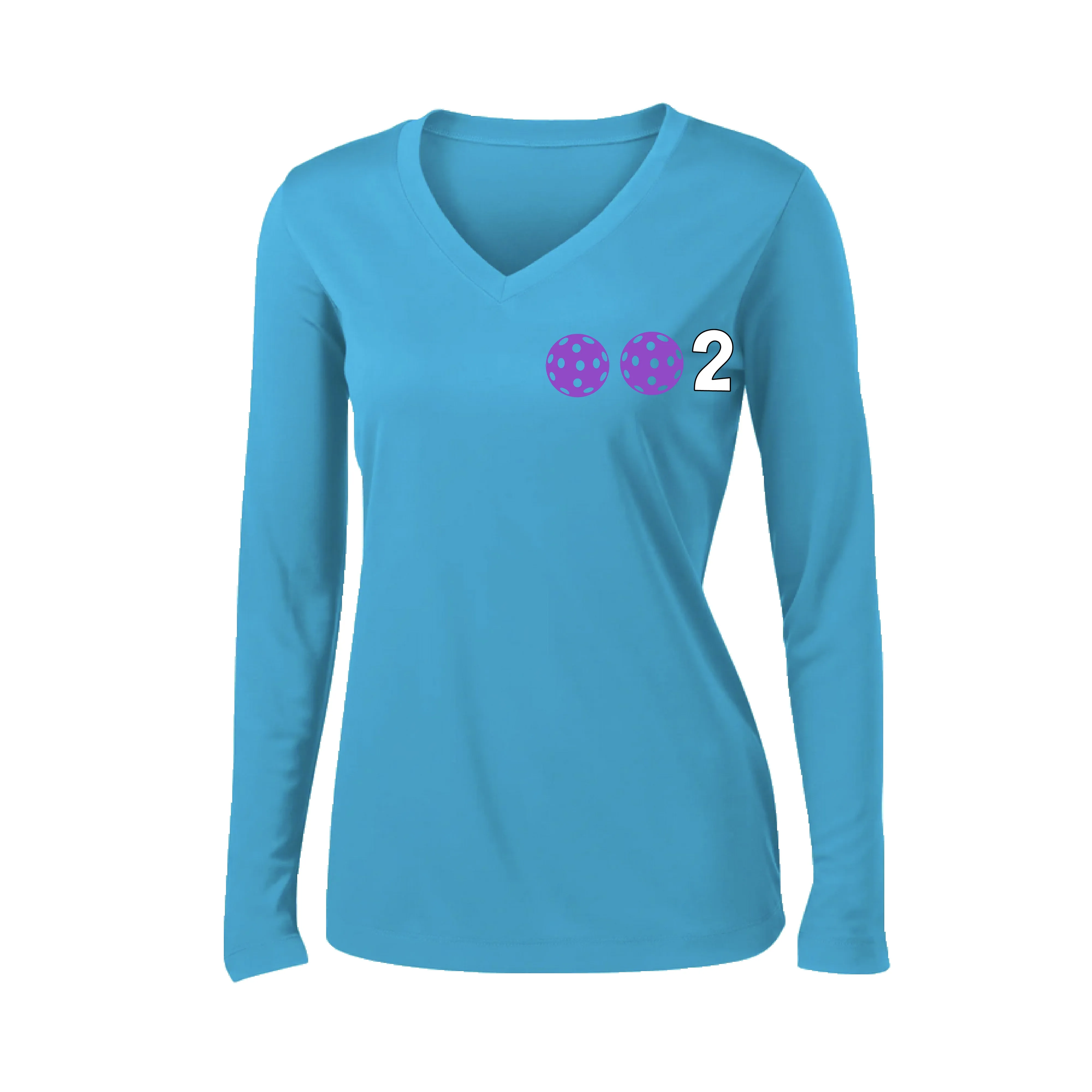 002 With Pickleballs (Colors Cyan Purple Rainbow) Customizable | Women's Long Sleeve V-Neck Pickleball Shirts | 100% Polyester