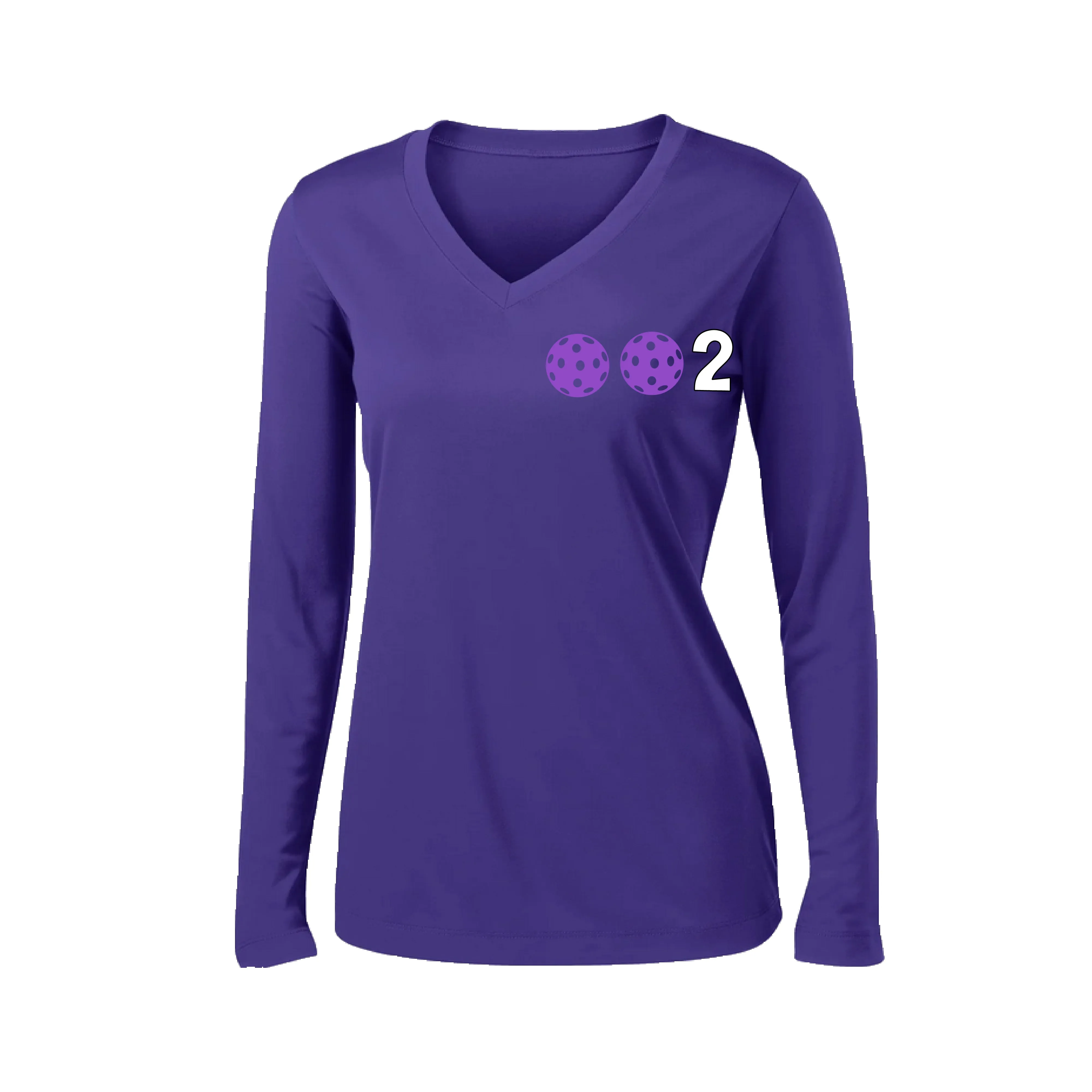 002 With Pickleballs (Colors Cyan Purple Rainbow) Customizable | Women's Long Sleeve V-Neck Pickleball Shirts | 100% Polyester