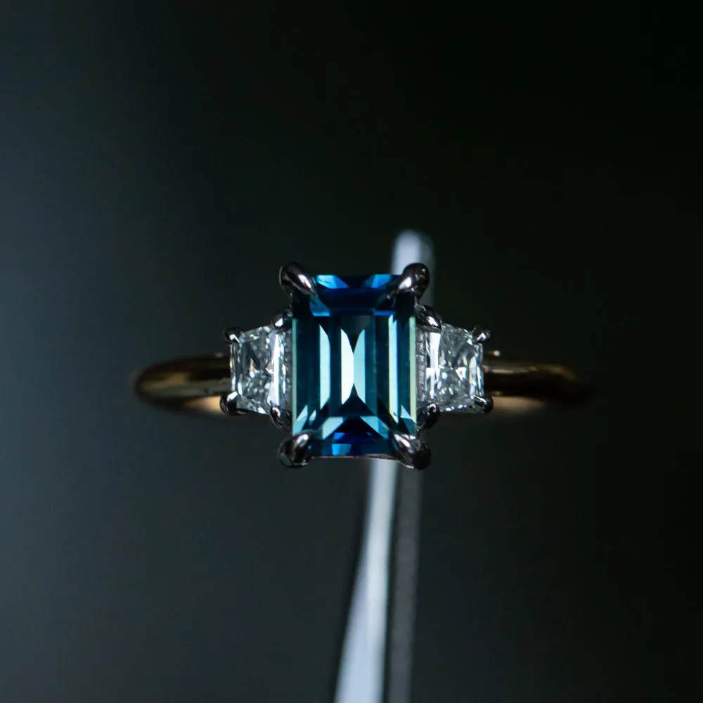 2.01ct Parti Teal Baguette Sapphire and Trapezoid Cut Diamond Low Profile Three Stone Ring in Platinum and 18k Yellow Gold