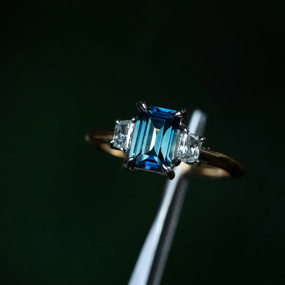 2.01ct Parti Teal Baguette Sapphire and Trapezoid Cut Diamond Low Profile Three Stone Ring in Platinum and 18k Yellow Gold