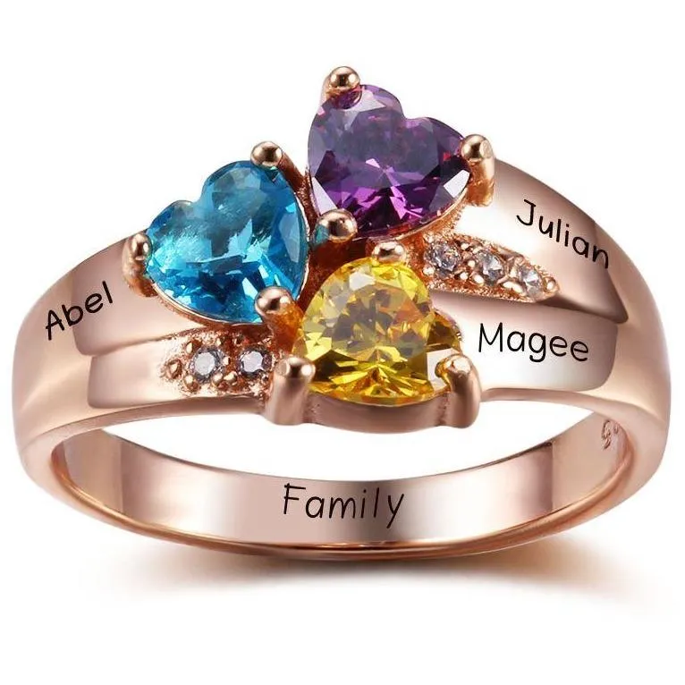 3 BirthStone Rose Gold Mother's Ring Three Loves 3 Names