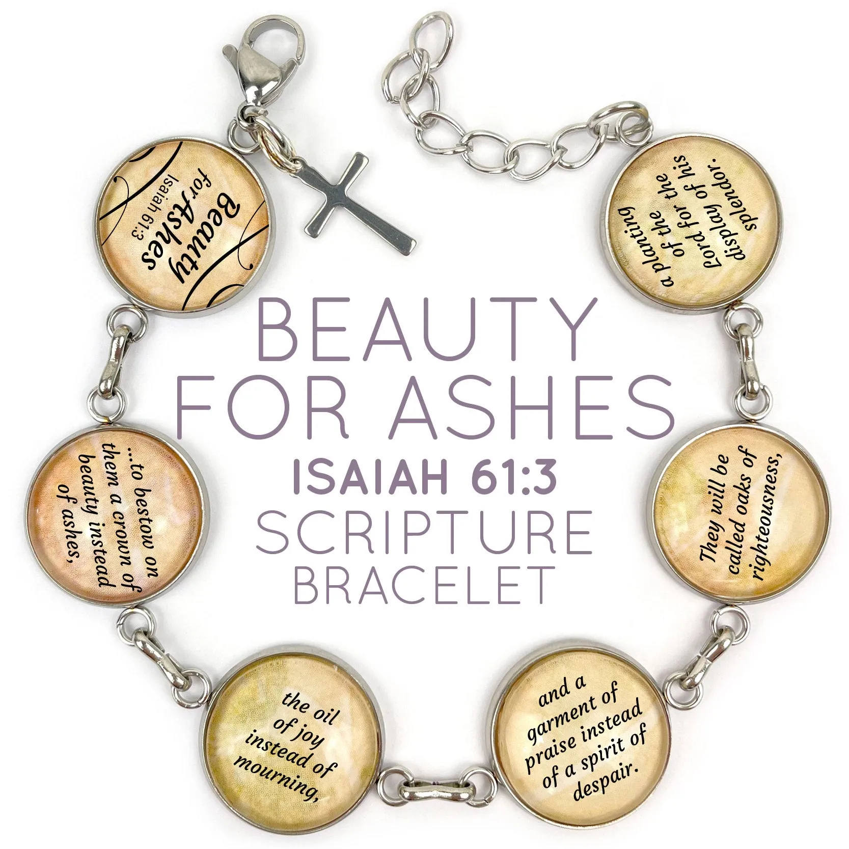 Beauty for Ashes Isaiah 61:3 Scripture Bracelet – Glass Charm Stainless Steel Bible Verse Bracelet