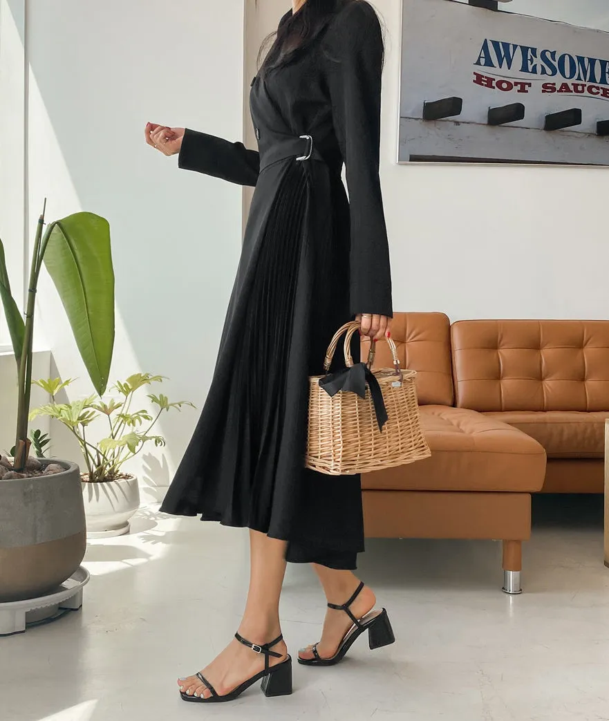 Black Side Pleated Trench Wrap Dresses Womens Waiststrap Double Breast