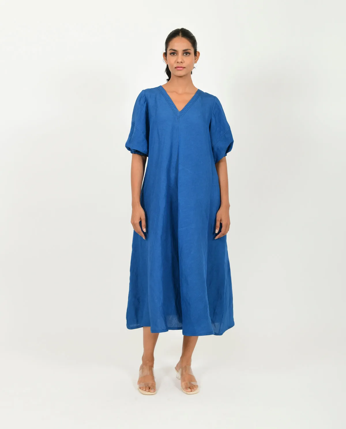 Classic Blue Cotton Dress With Puffed Sleeves