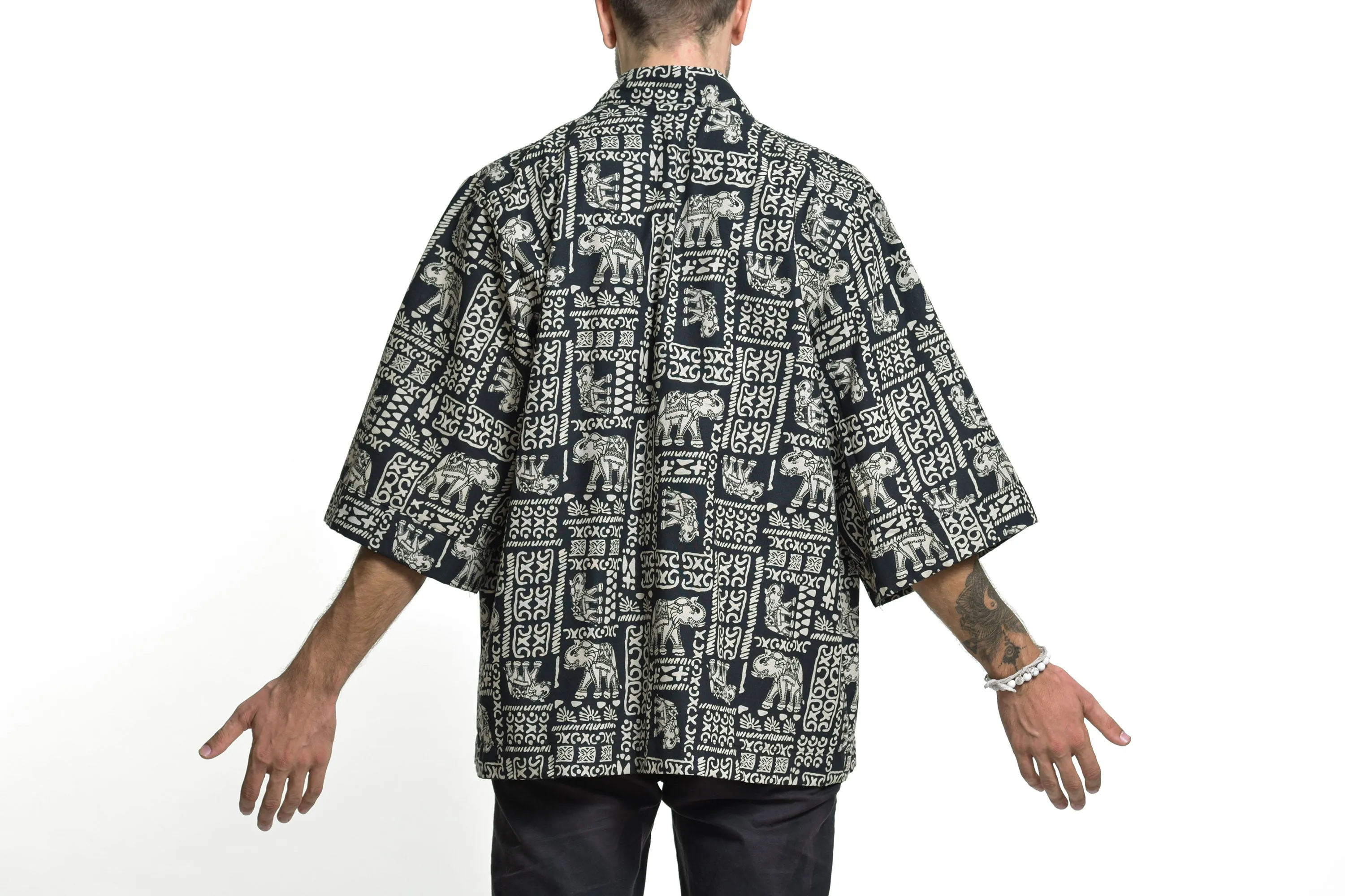 Elephant Print Cotton Kimono Cardigan in Black