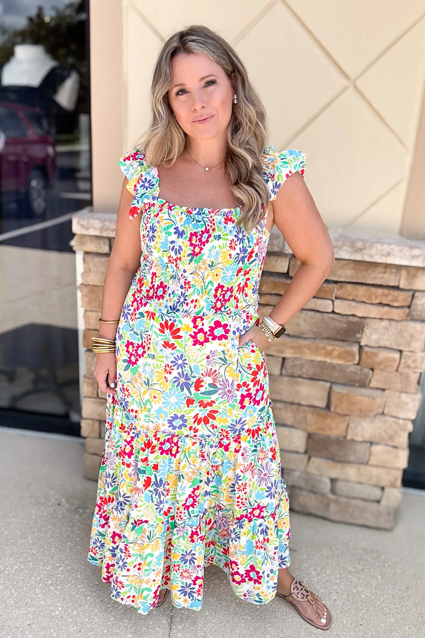 FLORAL PRINT SMOCKED BODICE TIERED MIDI DRESS