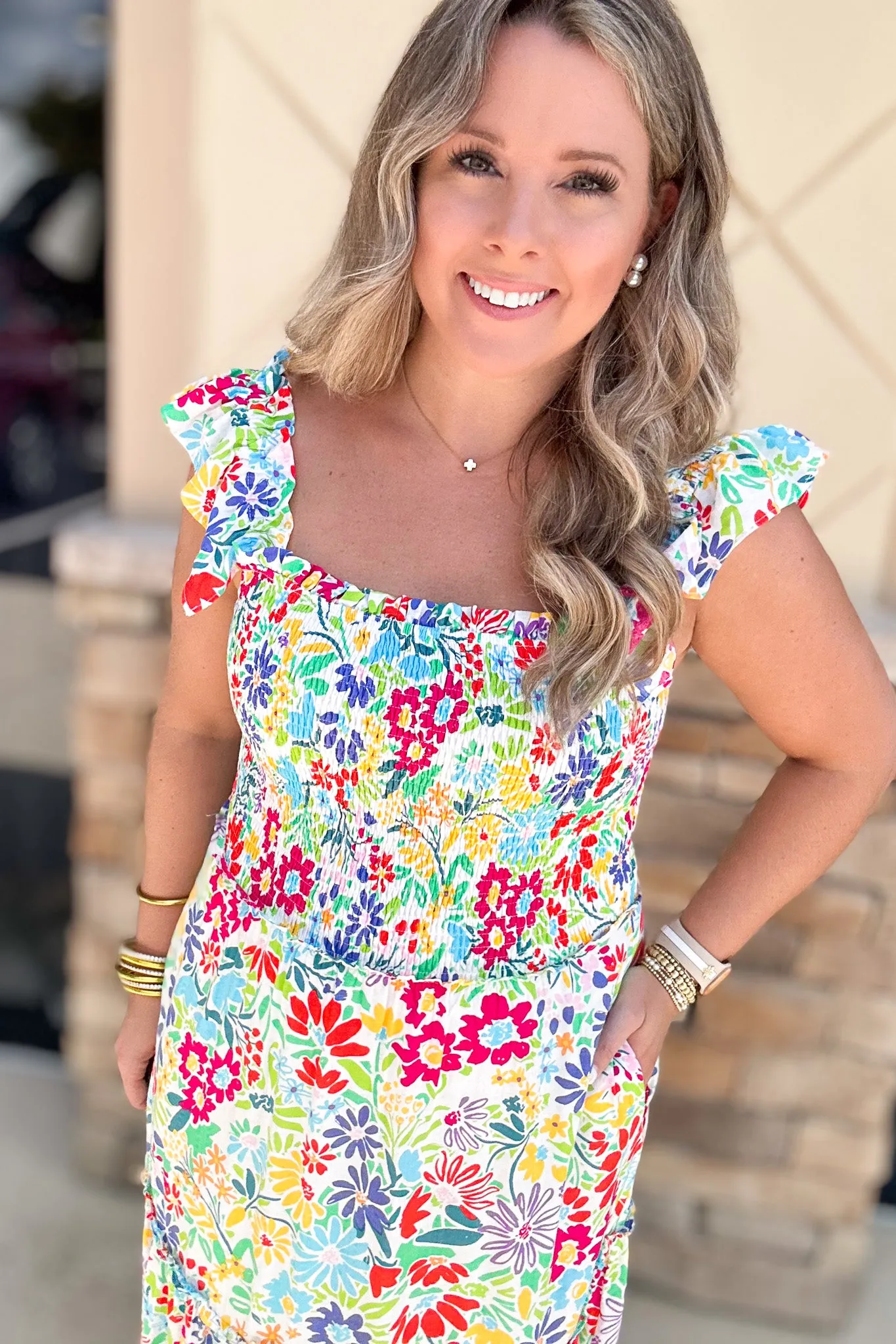 FLORAL PRINT SMOCKED BODICE TIERED MIDI DRESS