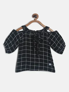 Girls Black Checks Cold Shoulder Top