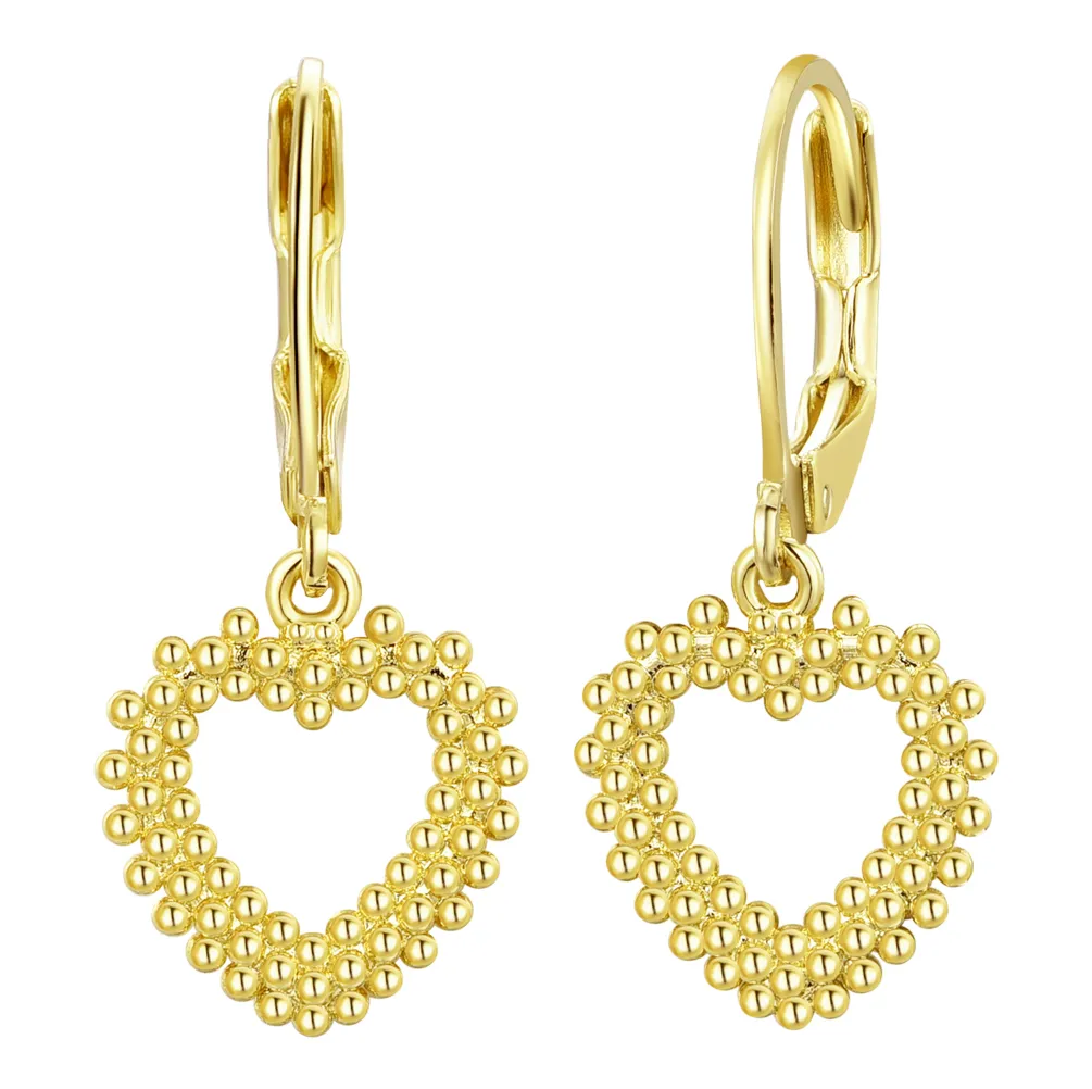 Gold Plated Ball Textured Hanging Heart Earrings