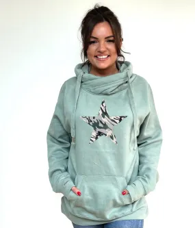 Luxury Cowl Neck Camo Star Hoodie - Sage