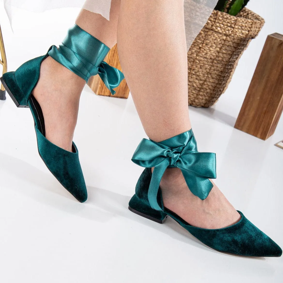 Madeline Vegan Velvet Ribbon Flats | Emerald Green