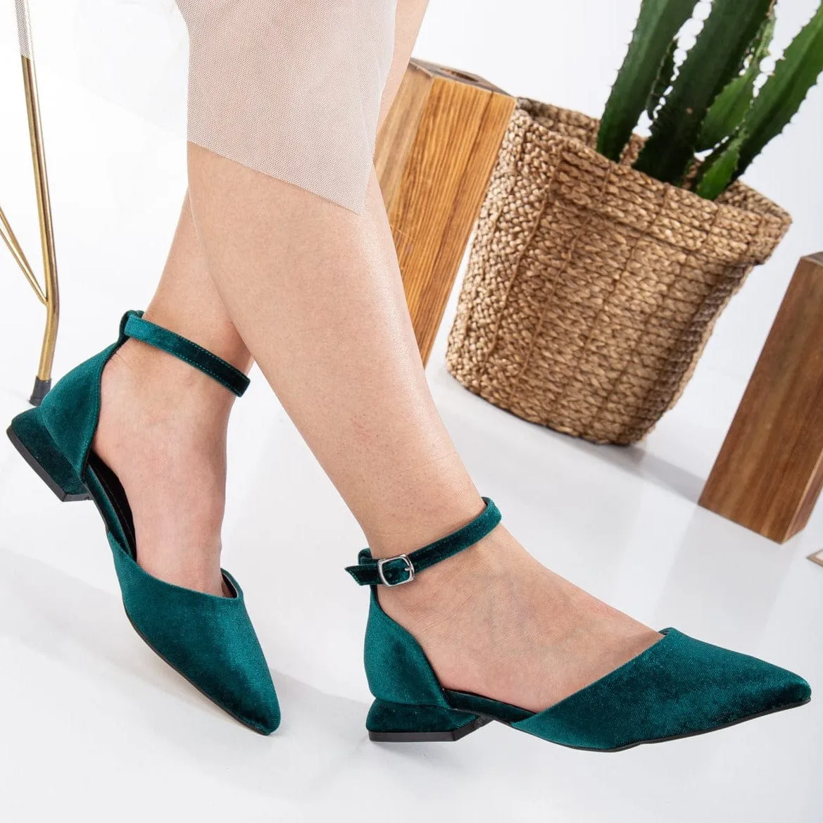 Madeline Vegan Velvet Ribbon Flats | Emerald Green