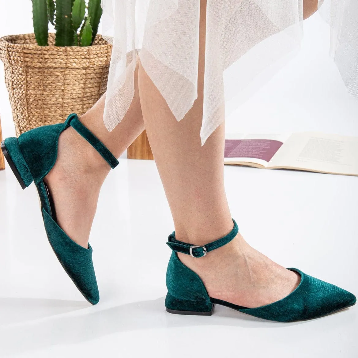 Madeline Vegan Velvet Ribbon Flats | Emerald Green