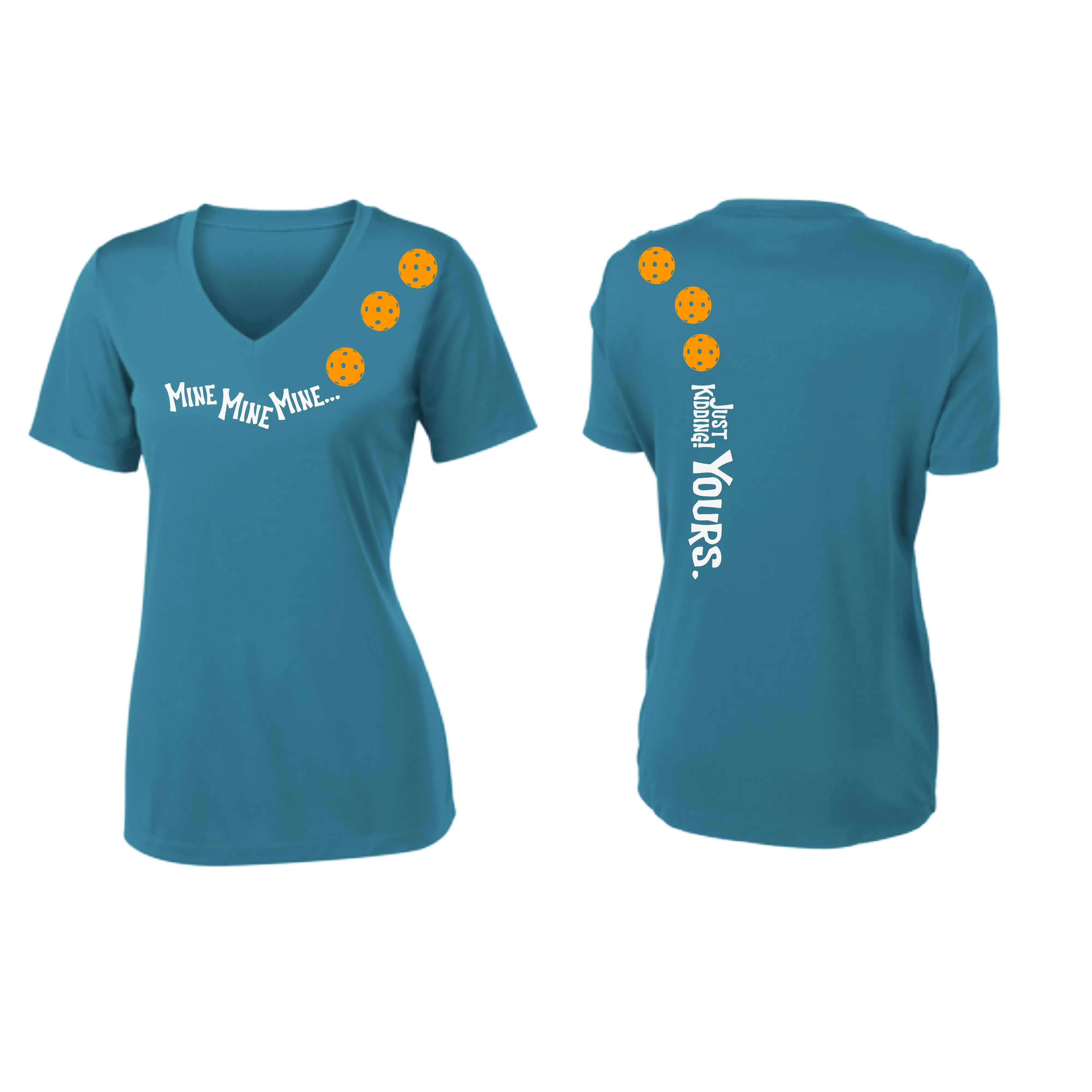 Mine JK Yours (Pickleball Colors Orange Yellow or Red) | Women's Short Sleeve V-Neck Pickleball Shirts | 100% Polyester