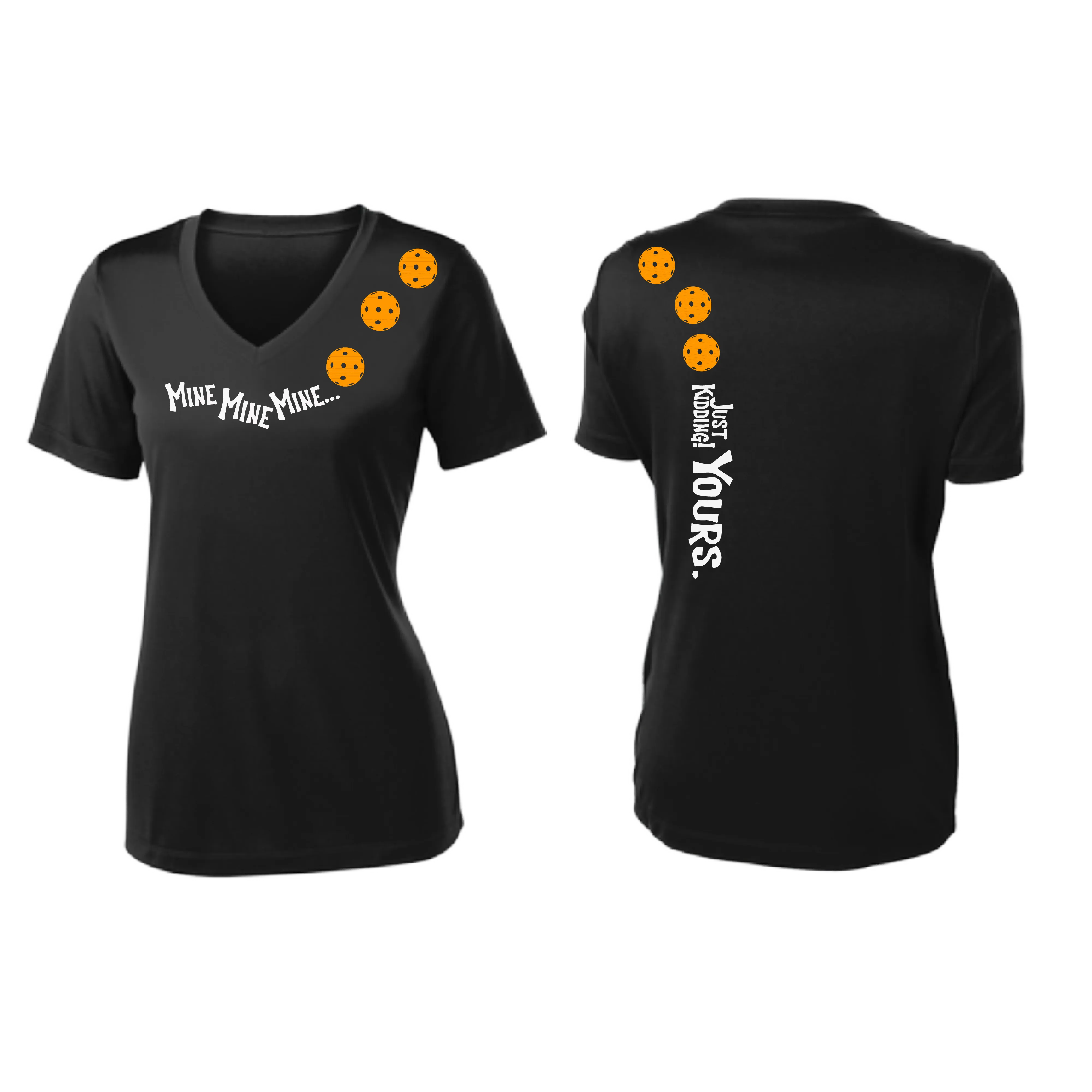 Mine JK Yours (Pickleball Colors Orange Yellow or Red) | Women's Short Sleeve V-Neck Pickleball Shirts | 100% Polyester