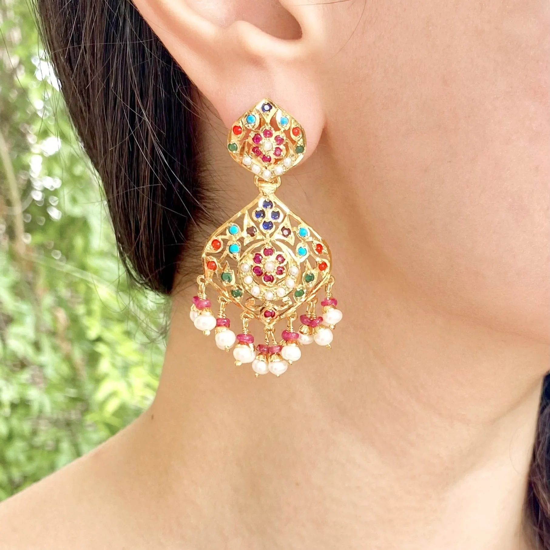 Navratna Earrings in Gold Plated Silver ER 408