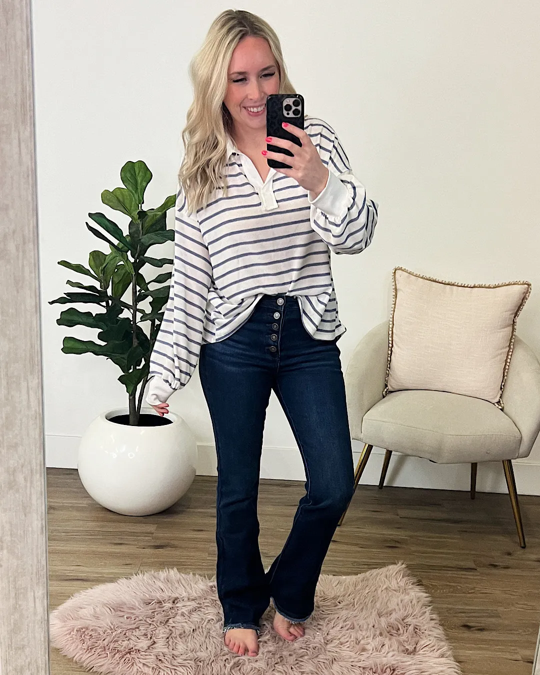 NEW! Christine Navy Striped Collared Top