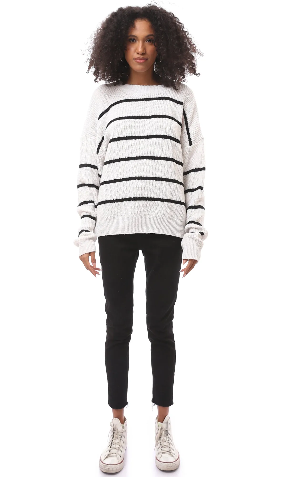 O171372 Off-White Knitted Pullover With Black Stripes