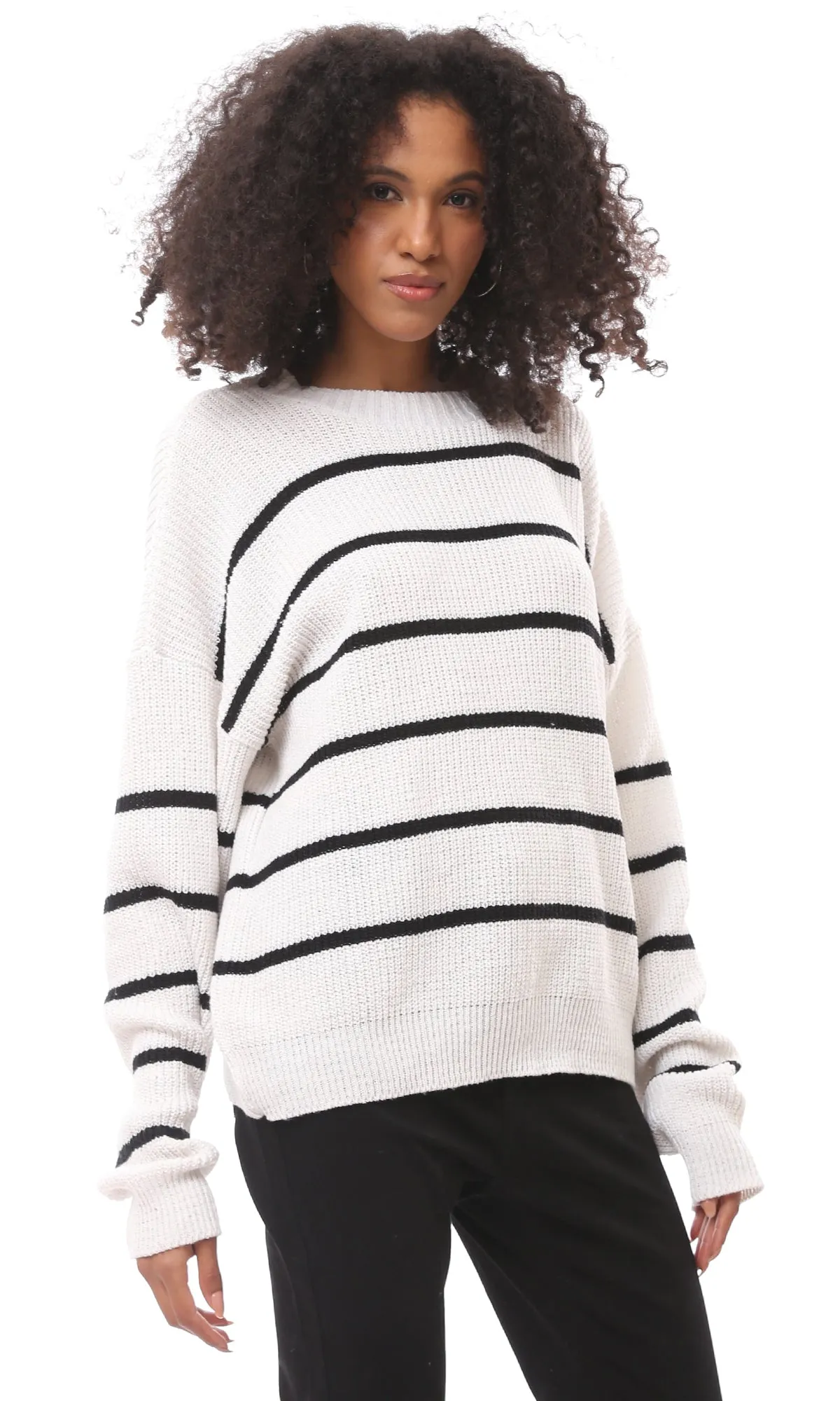 O171372 Off-White Knitted Pullover With Black Stripes