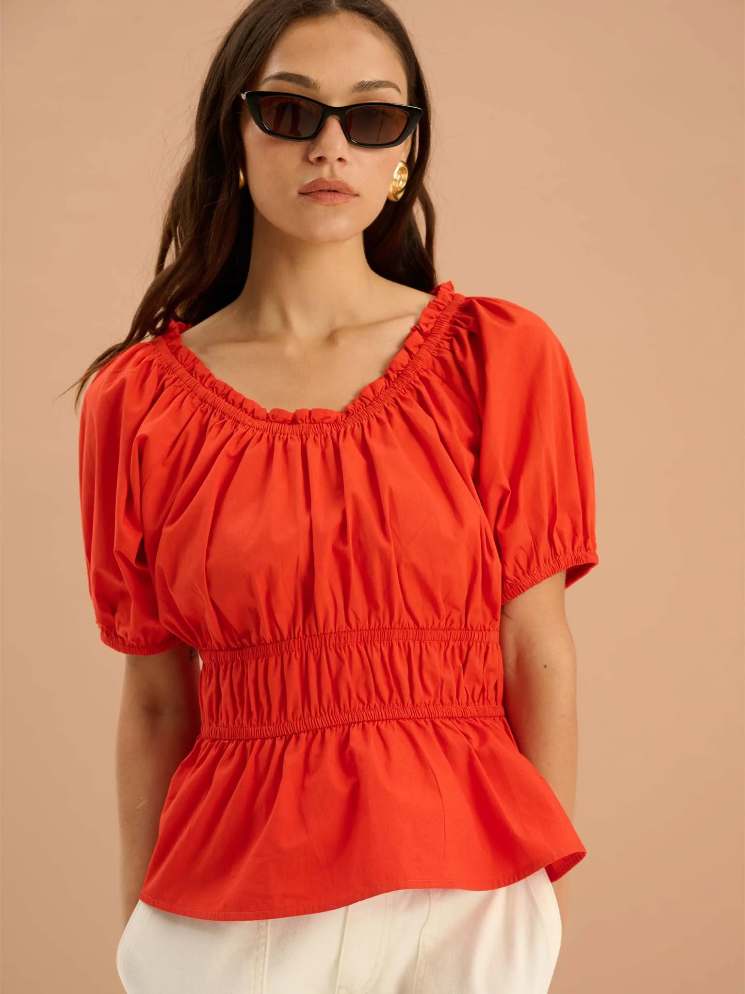 Ola Shirred Detail Short Sleeve Top in Red