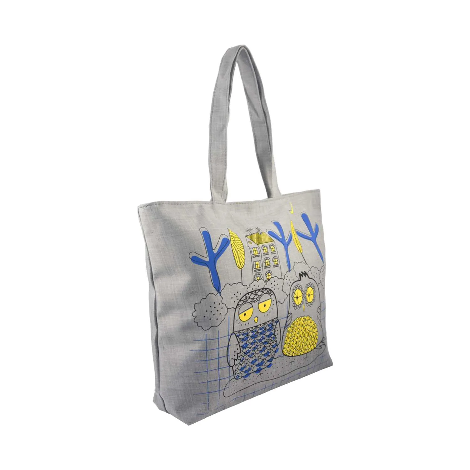 Owl's Town Illustration Canvas Tote Bag - Gray