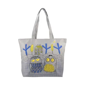 Owl's Town Illustration Canvas Tote Bag - Gray