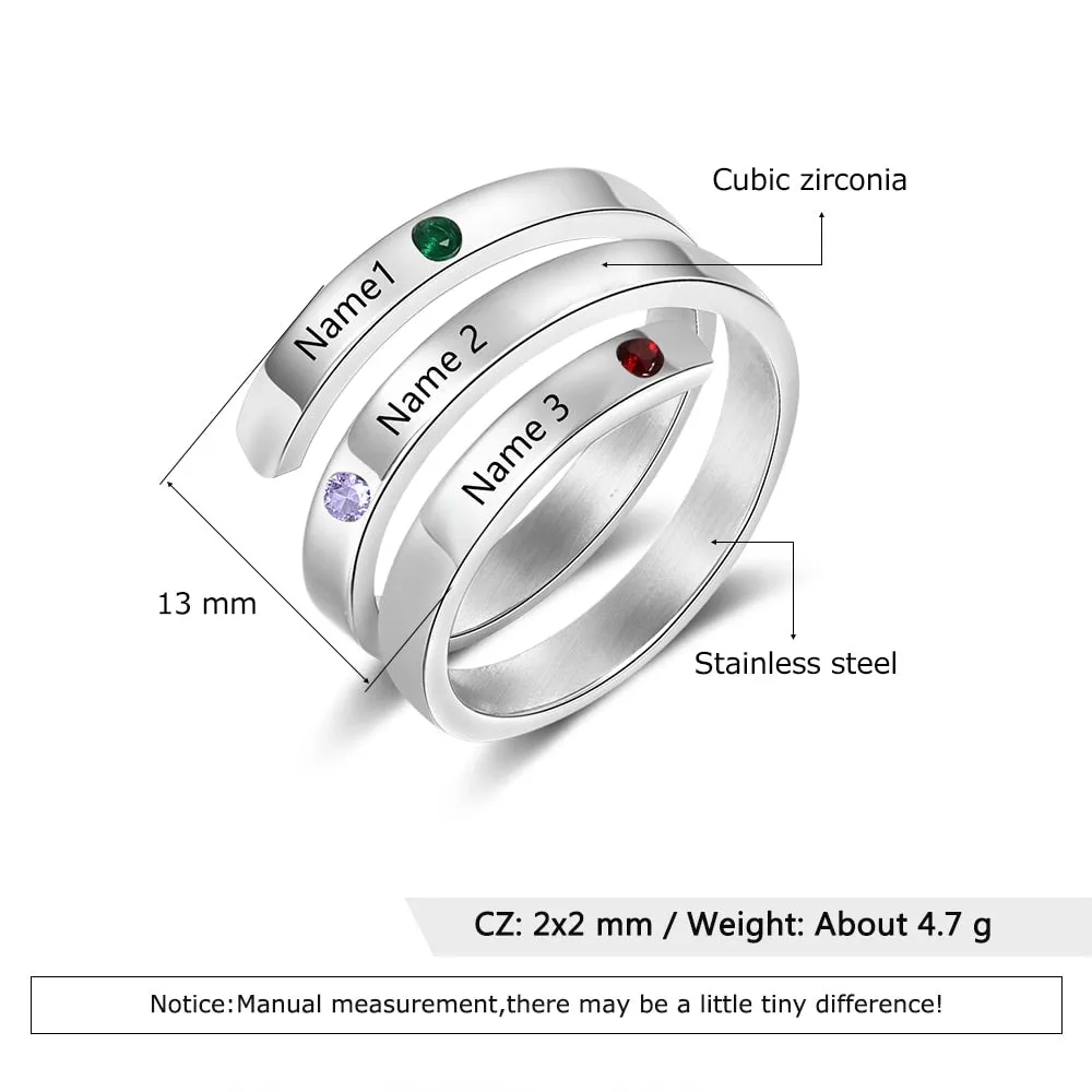 Personalized Family Gift Customized Mother Ring with 3 Birthstones Engraved Name Ring Female Fashion Jewelry