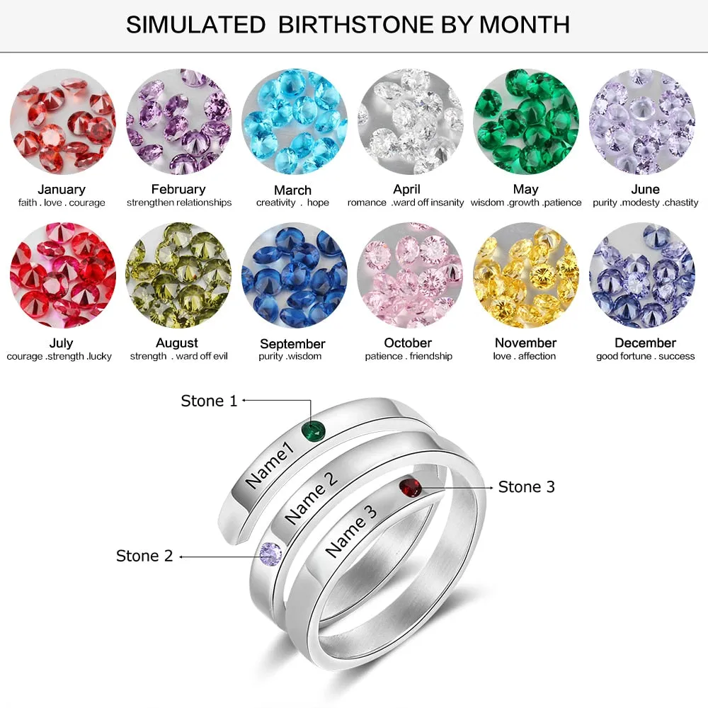 Personalized Family Gift Customized Mother Ring with 3 Birthstones Engraved Name Ring Female Fashion Jewelry