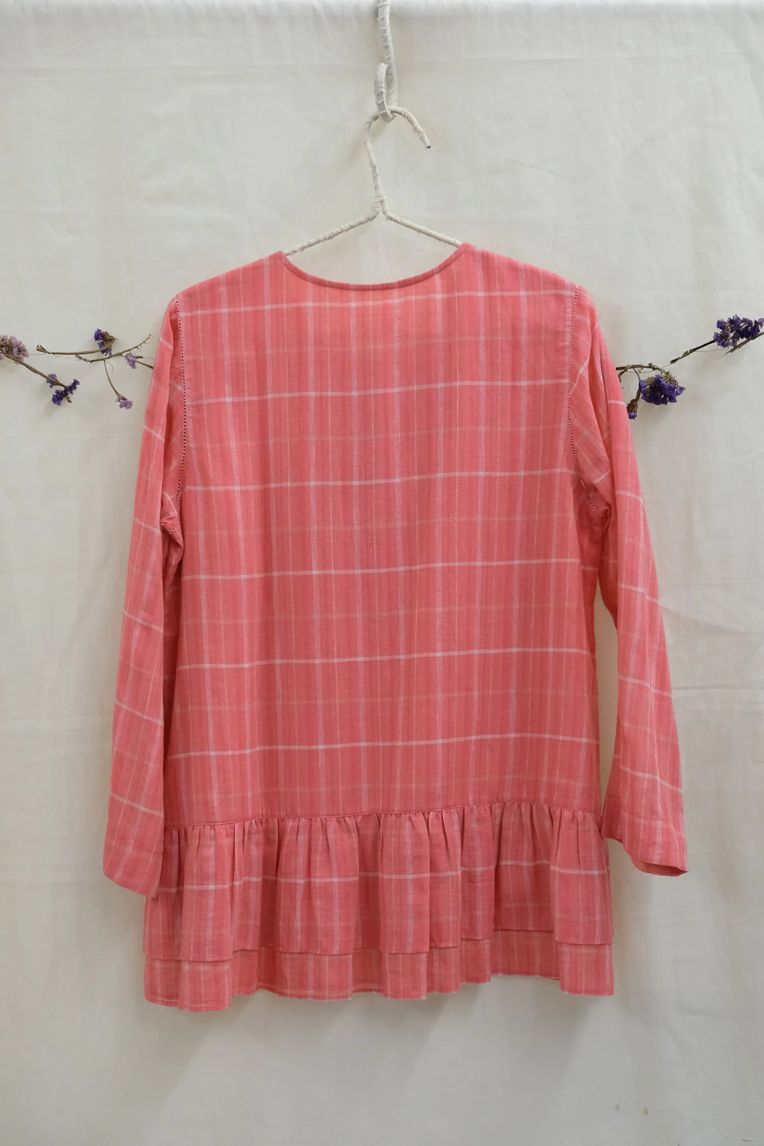 Pink Plaid Woven Gauze Peplum Top