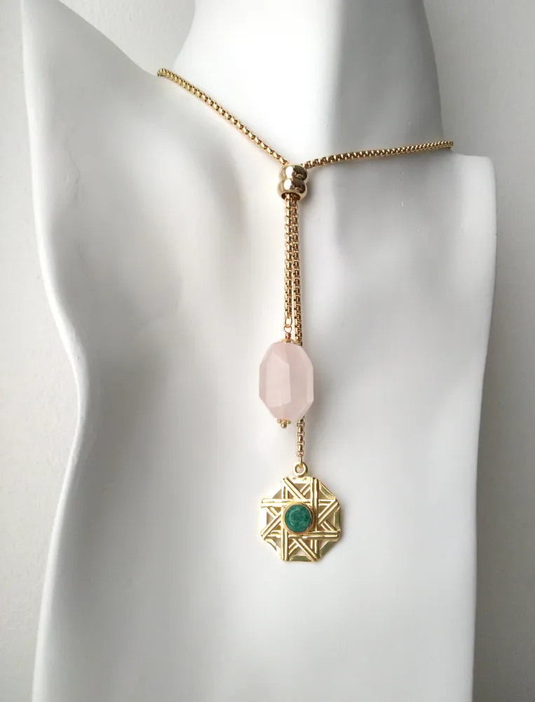 Solihiya Green Jade with Rose Quartz Nugget Slider Necklace