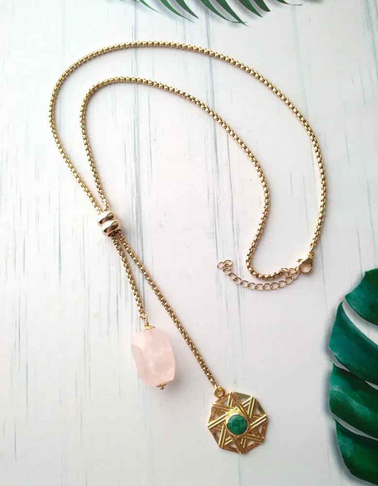 Solihiya Green Jade with Rose Quartz Nugget Slider Necklace