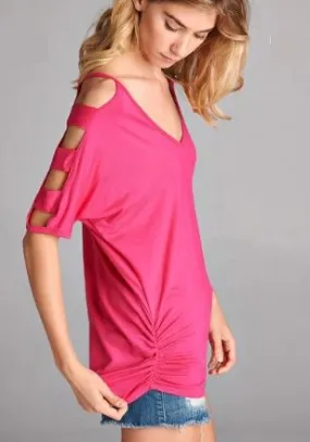 Womens Cold Shoulder Shirt Solid Pink Sizes S/M/L